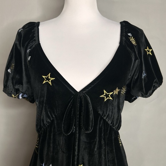 ASOS Velvet Babydoll Dress US 10 Black Celestrial Embroidered Sun Moon Mini - Picture 7 of 12